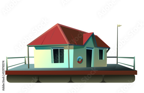 Floating house. Dwelling with small courtyard on water. Isolated on white background. illustration vector.