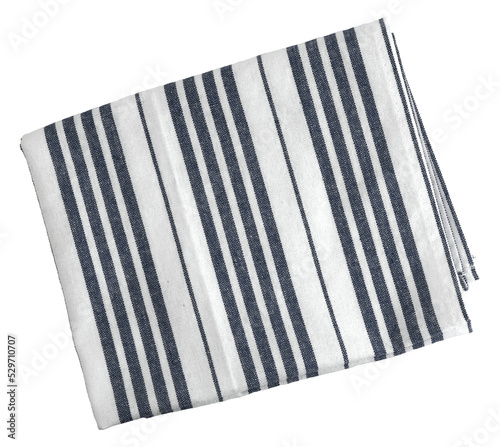 Blue cloth napkin isolated. Fiber towel or tablecloth. Cotton. Dishtowel. Kitchen. Serviette. Dishcloth. Textile. Striped kitchen towel. Top view. Zenith. Aerial view.