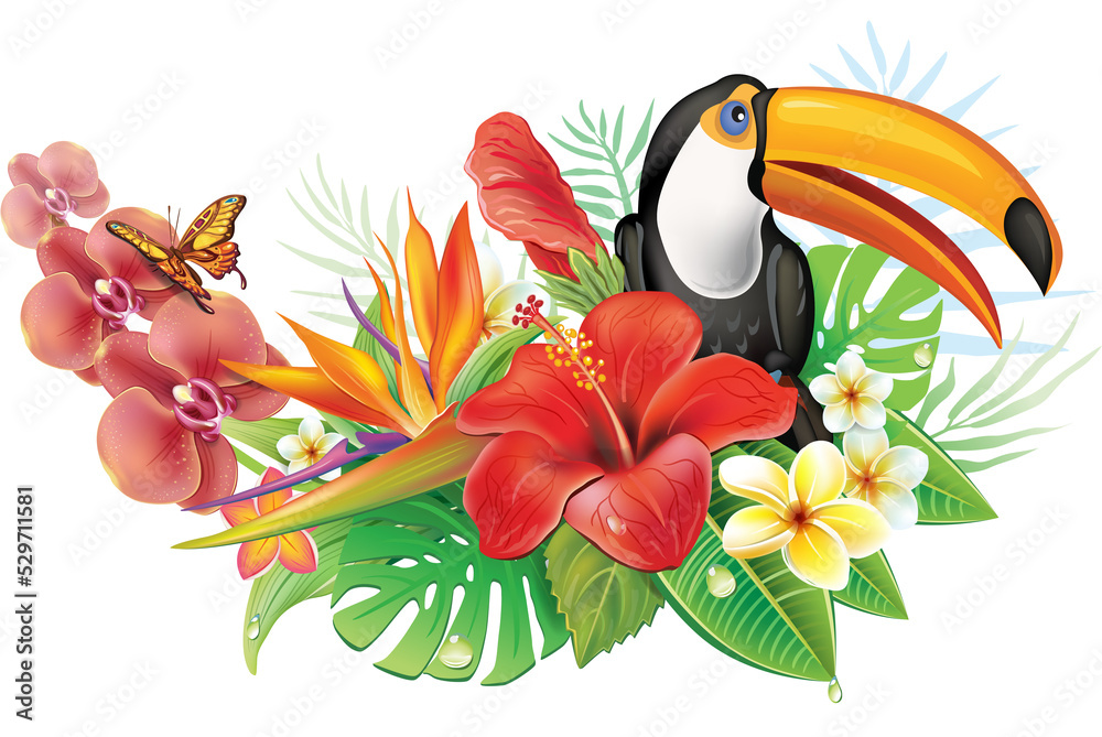 Fototapeta premium Tropical flowers, toucan and butterflies