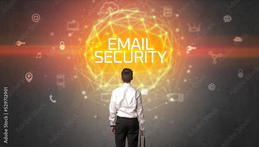 Rear view of a businessman, online security concept Rear view of a businessman, online security concept