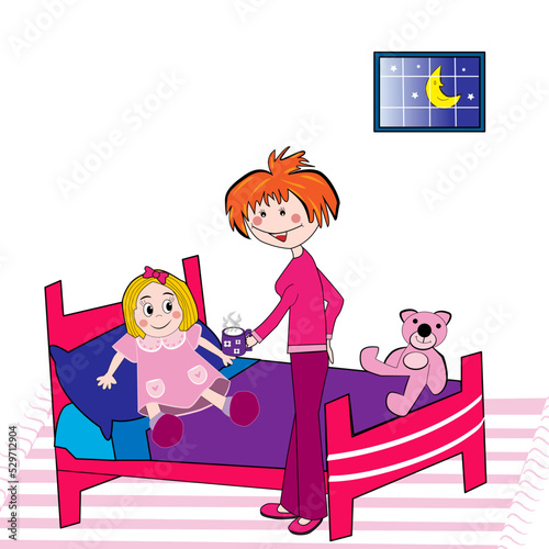 Niña sentada en su cama y su madre con una taza.