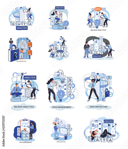 Big data analytics platform, data management and protection creative metaphor set abstract concept. Data center room disk infrastructure business information safety. Technology Internet and network