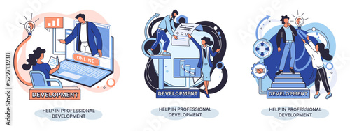 Help in professional development metaphor. Qualified employee training program. Refresher course. Human resource management organization. Business education workshop. School personality growth in team