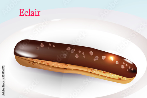 Chocolate eclairs on a white plate. Realistic vector illustration