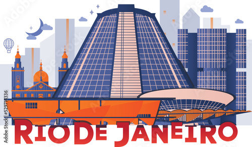 Typography word "Rio De Janeiro" branding technology concept. Collection of flat vector web icons, culture travel set, famous architectures, specialties detailed silhouette. Brazilian famous landmark.