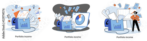 Investment portfolio income dollars currency, buy sell trading, market exchange value metaphor, businessman investor or trader balance portfolio with coins. Financiers analyzing stock market profit