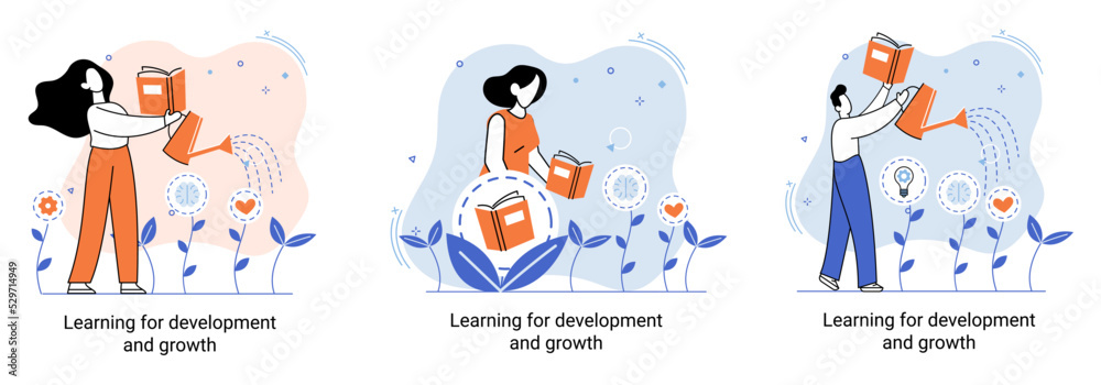 Learning development and growth. Self-learning metaphor, online emoloyee education distance e-learning. Skill improvement. Self development program way to success. Goal achieving professional training Learning development and growth. Self-learning metaphor, online emoloyee education distance e-learning. Skill improvement. Self development program way to success. Goal achieving professional training