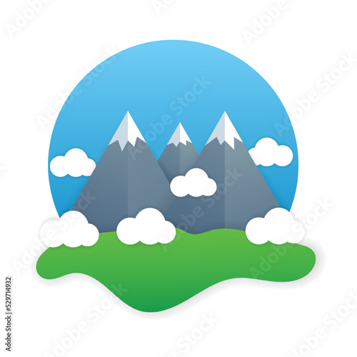 Scenic landscape of mountain range and clouds in the sky. - Vector.