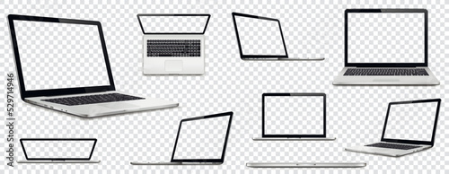 Collection laptop computers with transparent screen on transparent background. Perspective, top and front laptop view with transparent screen.