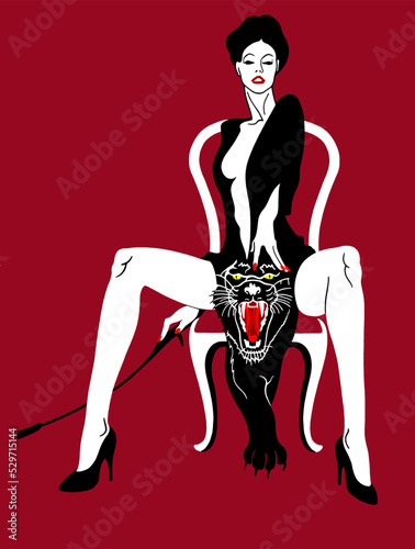 A passionate woman on a red background. A metaphor. Panther.