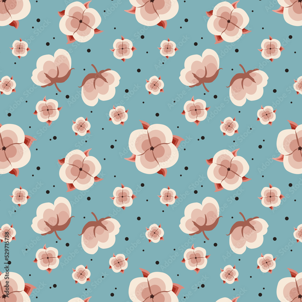 seamless pattern with cotton flowers on a blue background