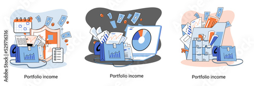Investment portfolio income dollars currency, buy sell trading, market exchange value metaphor, businessman investor or trader balance portfolio with coins. Financiers analyzing stock market profit