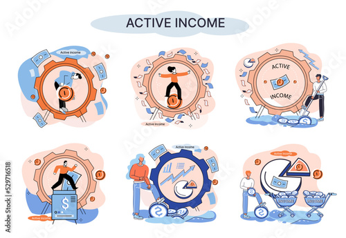 Active income obtained in course of certain activity using your knowledge and skills, getting paid for work. Works, earns salary. Idea of financial growth, business development, wages. Activity growth