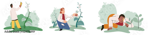 Scientist explores vegetable life and plants in nature. Biologists in forest studying biological species and environment. Explorer conducts experiments takes care of ecology and endangered green herb