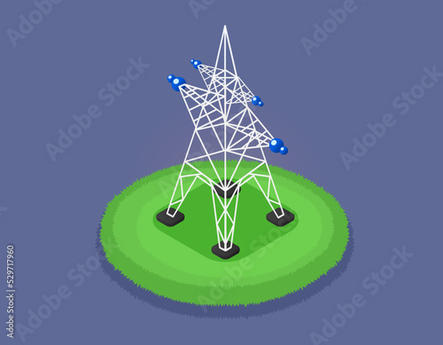 High-voltage power line. Transmission tower with its lines of electric current isometric construction on blue background. Line energy technology and industrial electric, steel construction equipment