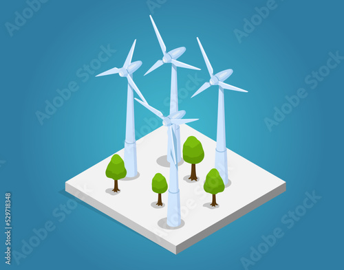 Wind turbines power plant, construction with big propeller. Alternative renewable sustainable wind park power generation, green energy concept. Vector windmill with white vanes, green electricity