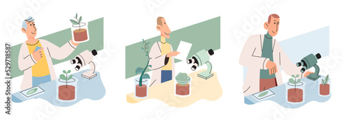 Fototapeta Naklejka Na Ścianę i Meble -  Scientist examining plant species using laboratory microscope. Eco friendly technology research on environmental protection. Ecologist studying botany in ecological biological lab takes care of nature