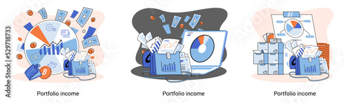Investment portfolio income dollars currency, buy sell trading, market exchange value metaphor, businessman investor or trader balance portfolio with coins. Financiers analyzing stock market profit