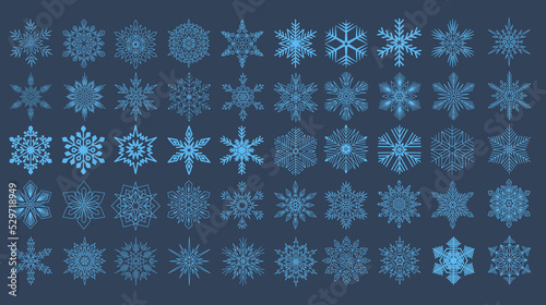 Big set of snowflakes, christmas collection symmetrical snowflake for design, blue illustration