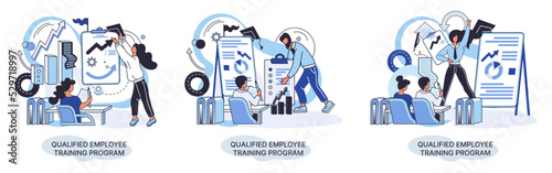 Qualified employee training program. Refresher course metaphor. Help in professional development. Learning for software development and growth. Agile project management team project life scrum meeting
