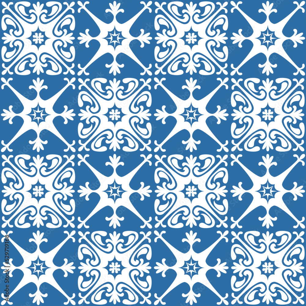 Floral motif for ceramic tiles in Azulejo style, retro blue vector Illustration for design