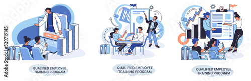 Qualified employee training program. Refresher course metaphor. Help in professional development. Learning for software development and growth. Agile project management team project life scrum meeting
