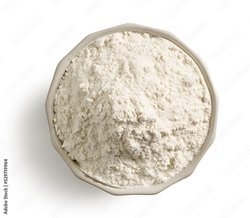 bowl of flour on white background bowl of flour on white background