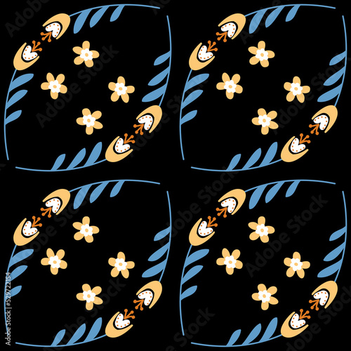 Bluebell flower pattern on dark background seamless pattern, campanula flower blossom, vector illustration