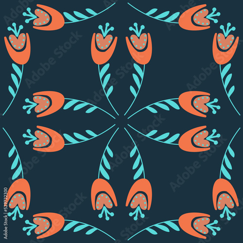 Bluebell flower pattern on dark background seamless pattern for design, campanula flower blossom, vector illustration