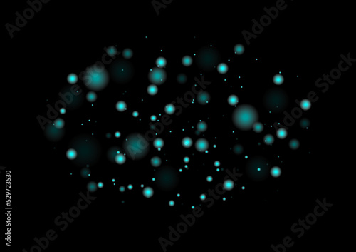 Turquoise Bokeh gradient radius randomly in the center of black background.
