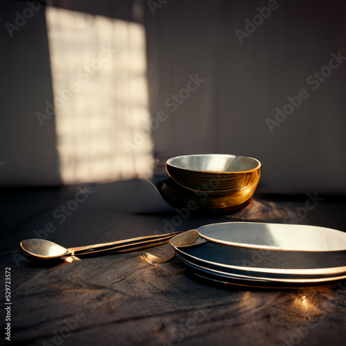 plate, spoon and a bowl tableset.  photo