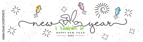 Happy new year 2023 chinese year of the rabbit. Rabbit in the center of the New Year 2023 celebration with big fireworks on a white background
