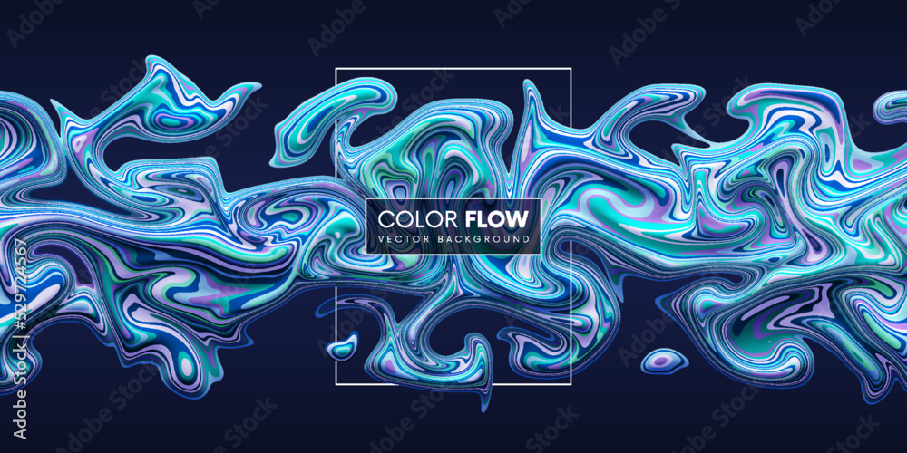 Abstract colorful paint flow. Wave liquid shape. Dynamic mixture of acrylic paints. Fluid trendy poster. Vector illustration