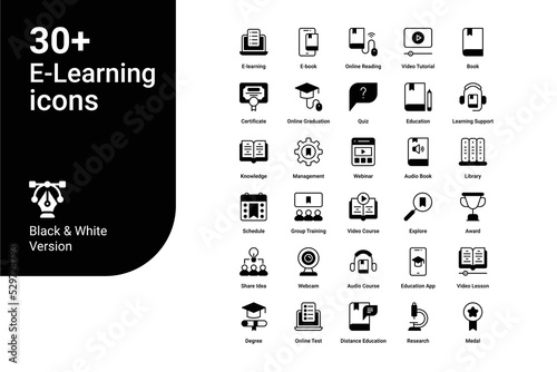 E-Learning icons set. icons include search, translator, growth, lecture, study, tools, library, eBook, homework, with elements for mobile concepts and web apps.