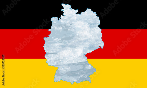Outline map of Germany inscribed in the national flag. Ice inside the map. Vector illustration. Energy crisis.
