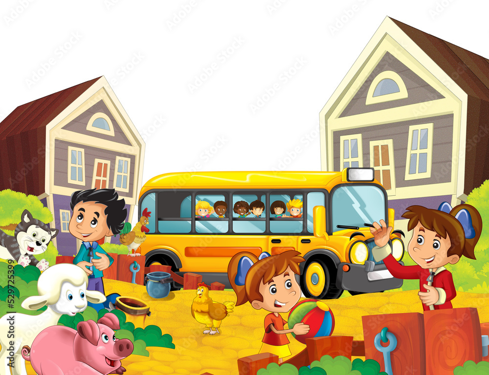 cartoon scene with children on the farm having fun and school bus - illustration for children cartoon scene with children on the farm having fun and school bus - illustration for children