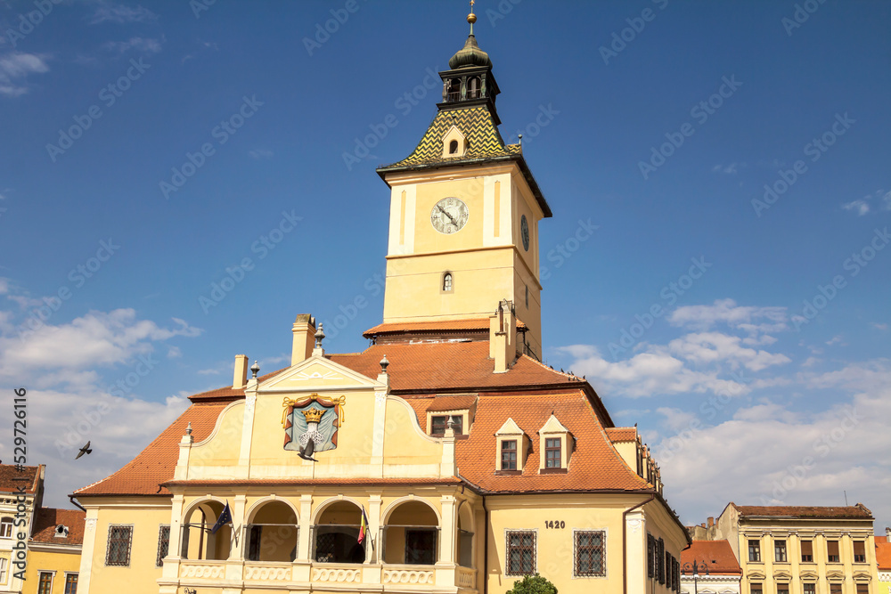 Brasov, Romania, the central square of the city of Brasov, the old ranotsny square, tower with hours in the center - Aug 2022