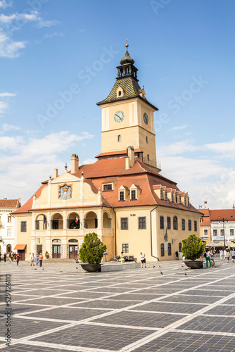 Brasov, Romania, the central square of the city of Brasov, the old ranotsny square, tower with hours in the center - Aug 2022
