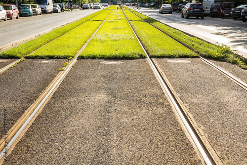 Green track. Grass covered tramway track. Habitable zone reduce urban heat. Island effect. photo