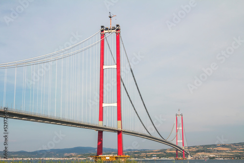 1915 Canakkale Bridge in Canakkale, Turkey. World's longest suspension bridge. 1915 Canakkale Bridge connects Lapseki to Gelibolu. June 2022