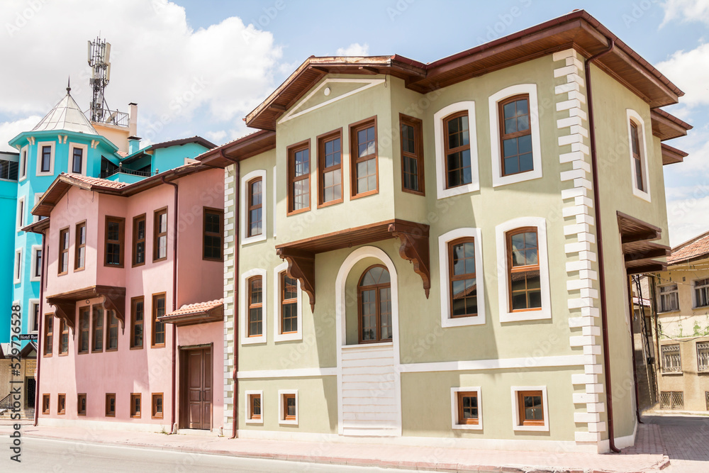 Colored houses in the old quarter of Konya. Traditional Turkish houses, July 2022