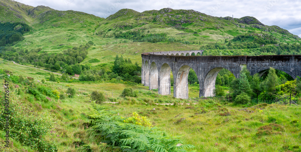 Panorama of Glenfinnan Viaduct,amongst beautiful,summertime Scottish Highland scenery,Glenfinnan, Scotland, UK.