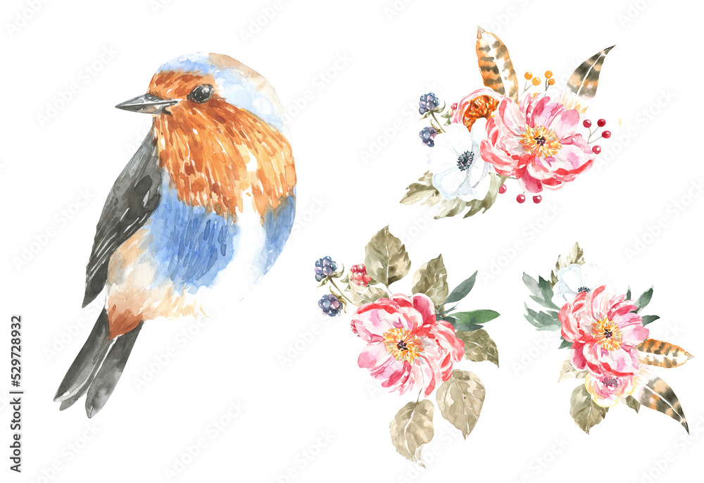 Watercolor woodland animal boho bird botanical frame isolated cute animal. Nursery forest illustration. Bohemian boho animals for baby shower invitation, nursery decor, print, greeting card diy