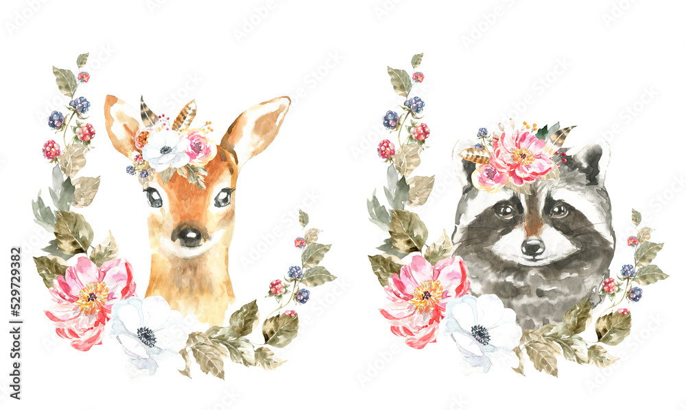 Watercolor woodland animal boho raccoon, deer botanical frame isolated cute animal. Nursery forest illustration. Bohemian boho animals for baby shower invitation, nursery decor, print, greeting card