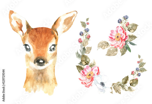 Watercolor woodland animal boho deer botanical frame isolated cute animal. Nursery woodland illustration. Bohemian boho animals for baby shower invitation, nursery decor, print, greeting card diy