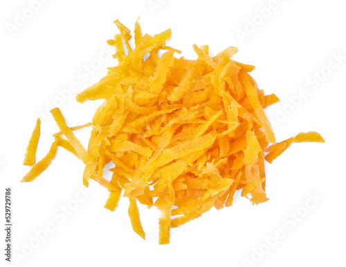 Pile of fresh grated carrot on white background, above