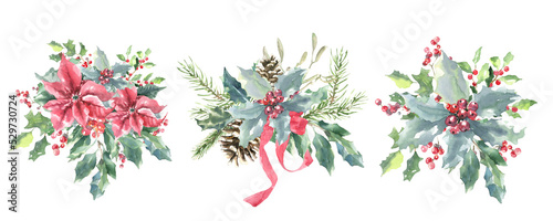 Watercolor Woodland Christmas floral bouquet illustration  Winter forest flower decoration for greeting card  poster  invitation  baby shower Merry Christmas  New Year  holiday  sticker  frame art diy