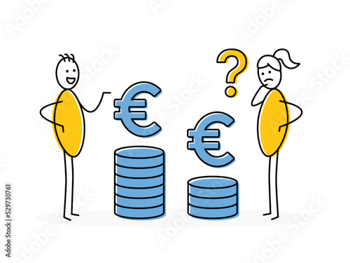 Gender pay gap, inequality between man and woman about wage, salary or income in euro. Vector illustration.