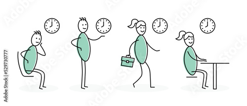 Set of stickman or stick figure doing activity with time clock symbol. Working hours, sitting and waiting for appointment. Vector illustration.