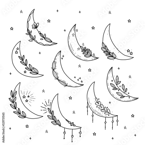 set doodle moon rustic with flower leaf aesthetic decoration outline element